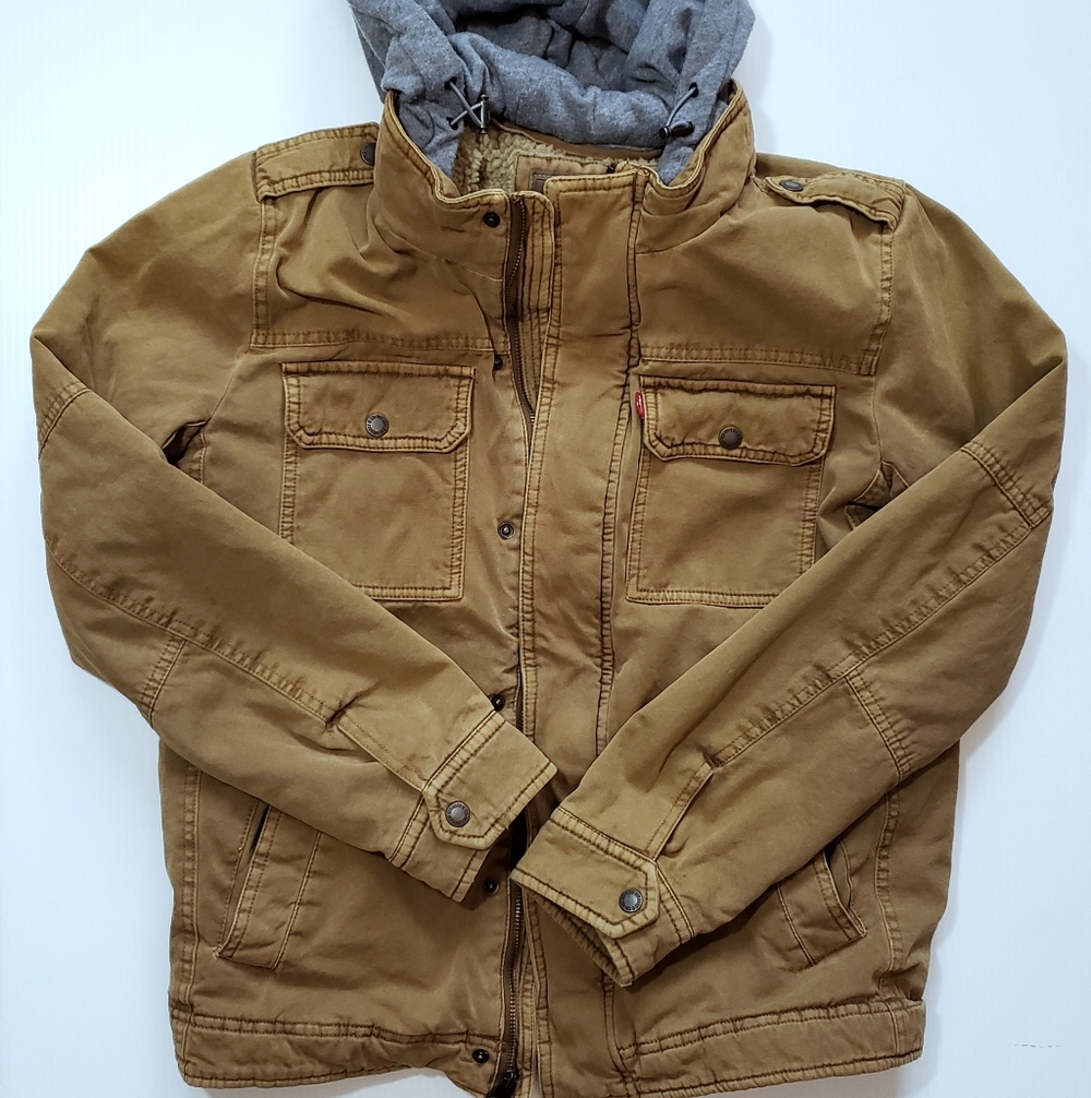 Levi's Hooded Canvas And Sherpa Military Jacket Bomber Jacket Insulated Coat - Picture 2 of 8